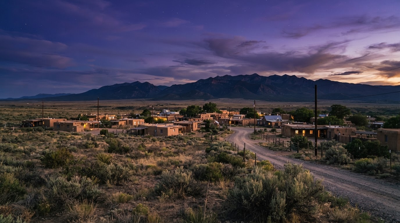 A small New Mexico town on a dry desert plateau, mountains in the distance at dusk (AI-generated image)