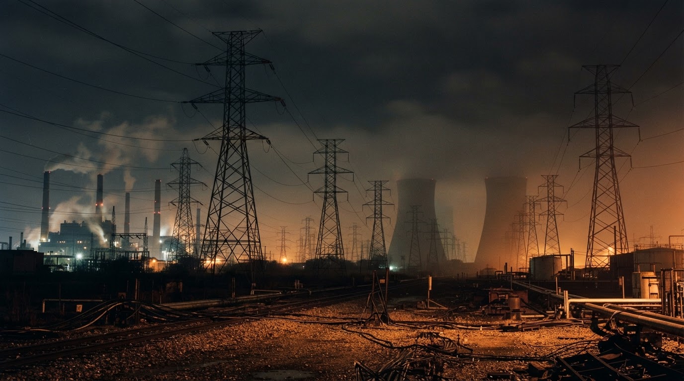 A nighttime industrial zone lined with power pylons and smokestacks, dim lights (AI-generated image)