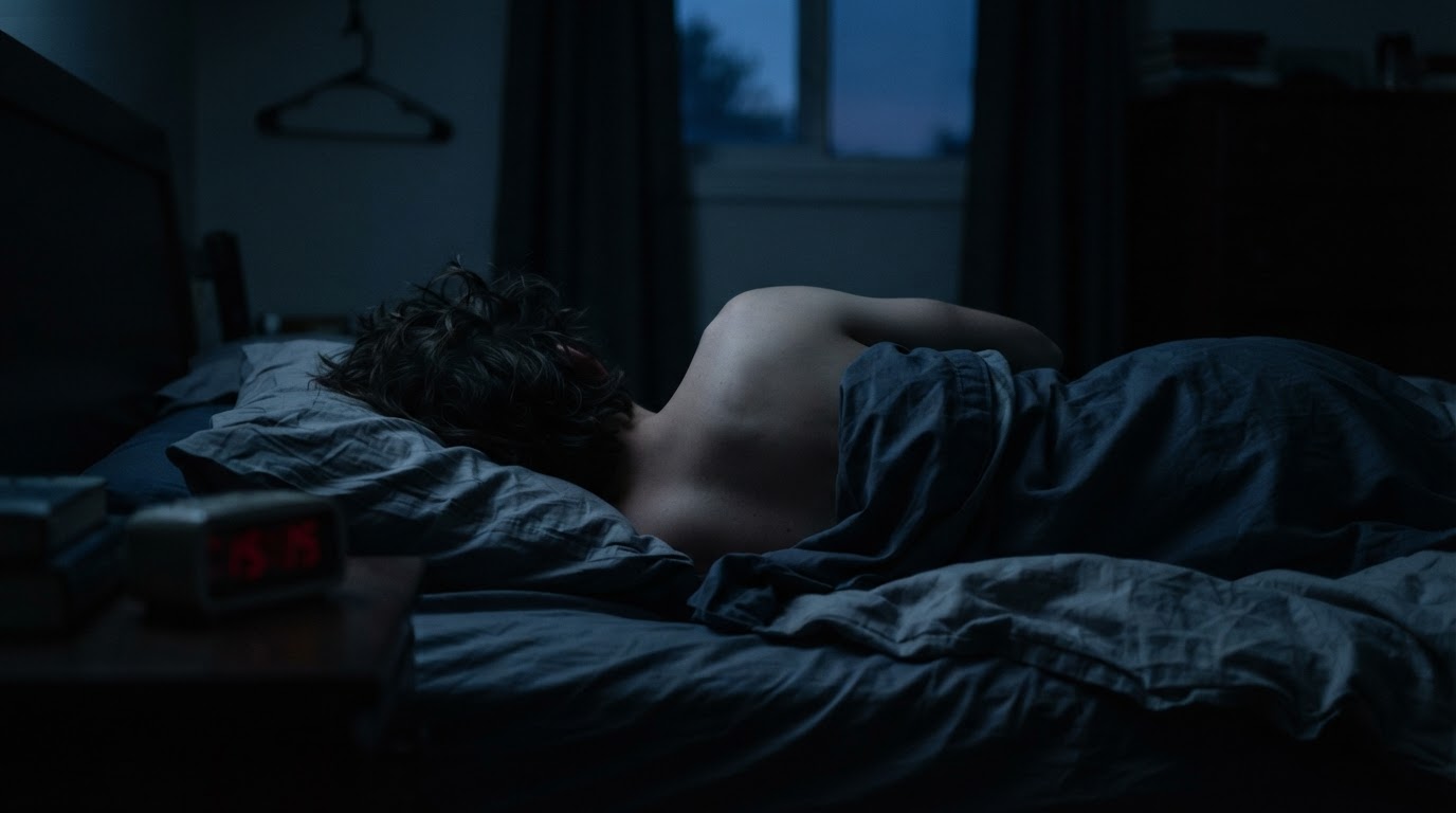 An unlit room, a clock showing the pre-dawn hours, the back of a person tossing and turning (AI-generated image)