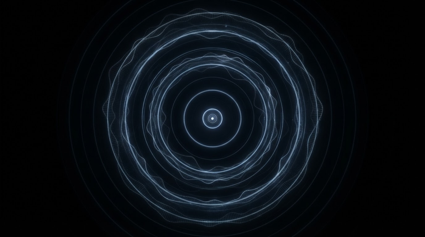 An abstract visualization of low-frequency sound waves rippling outward through darkness (AI-generated image)