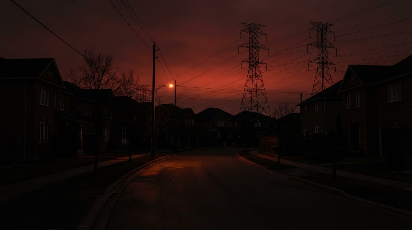 A suburban neighbourhood at night, the sky glowing red beyond power pylons, sunk in silence (AI-generated image)