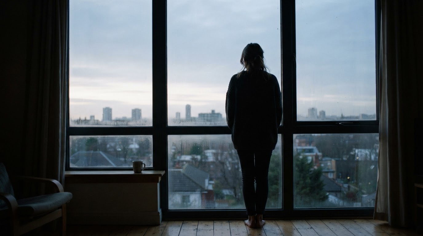At daybreak, the back of a person standing alone at a window, looking outside (AI-generated image)