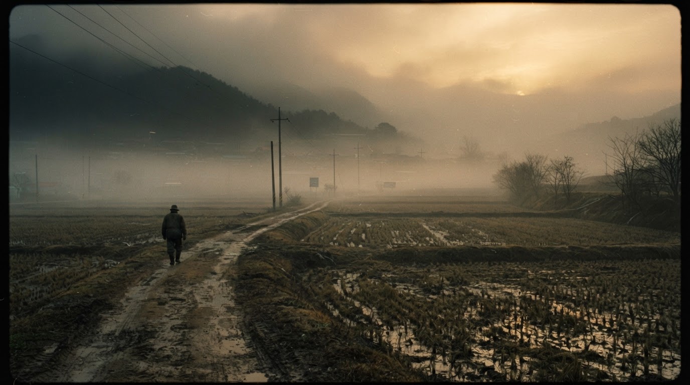 Thick fog over 1980s Korean rural rice paddies and a dirt road, cinematic film-still atmosphere, moody golden light (AI-generated image)
