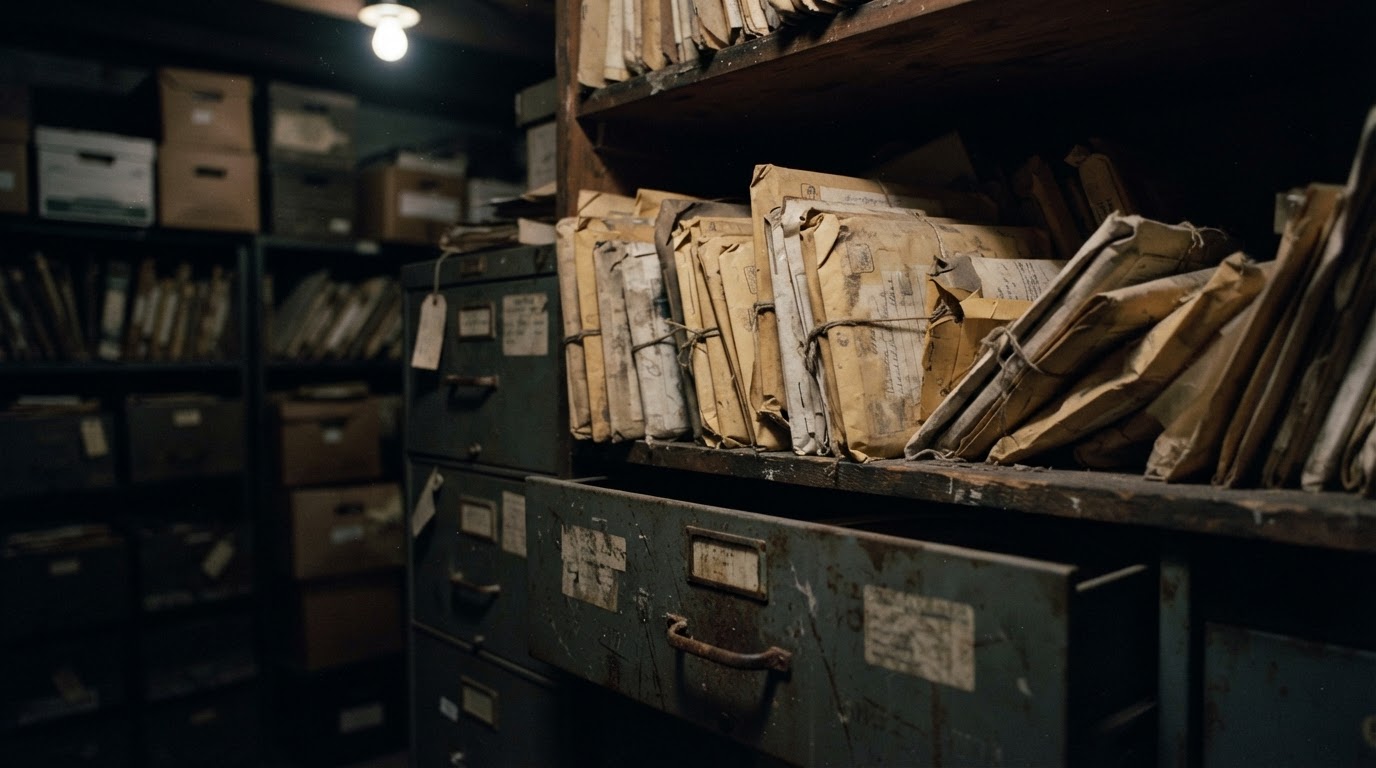 Aged evidence envelopes and file drawers preserved over decades on a dusty shelf, moody cinematic lighting, no legible text (AI-generated image)