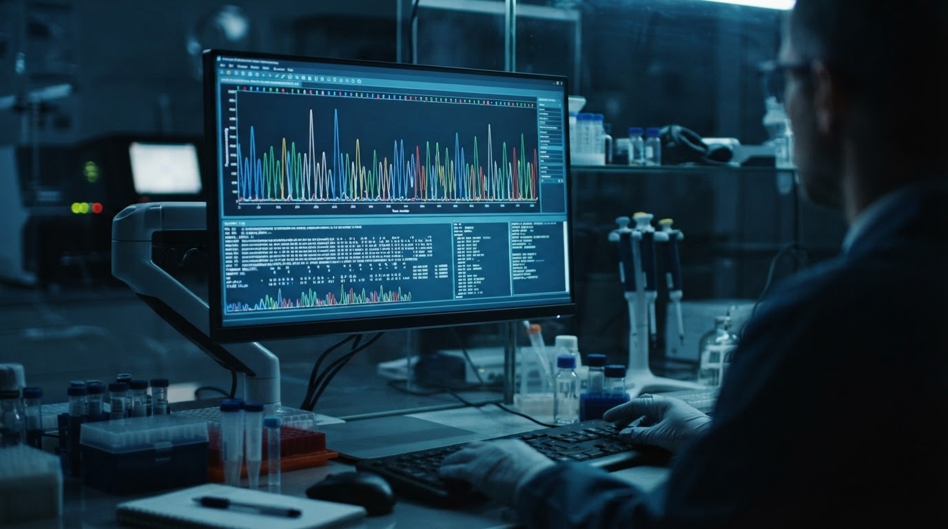 A DNA sequencing graph and data on a screen showing genetic analysis results, cool clinical lighting, no legible text (AI-generated image)