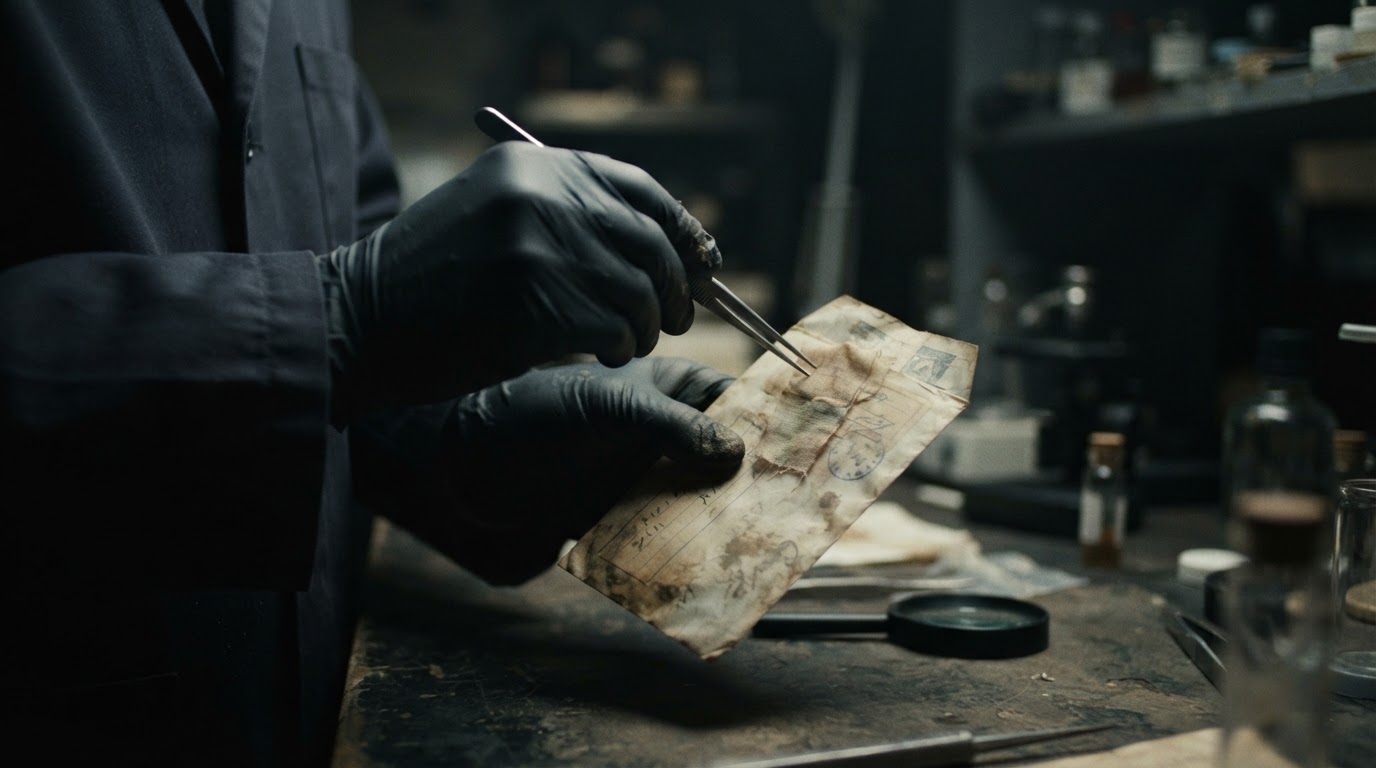 Close-up of a forensic technician's gloved hands handling an old evidence sample in a laboratory, moody focused lighting, no identifiable person (AI-generated image)