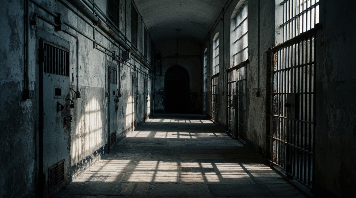Long shadows in an empty prison corridor, light filtering through bars, somber cinematic tone (AI-generated image)
