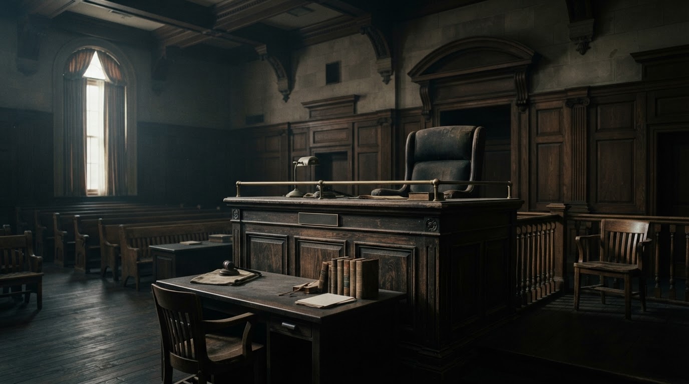 An empty judge's bench and wooden chairs in an old courtroom, heavy silence, moody cinematic light (AI-generated image)