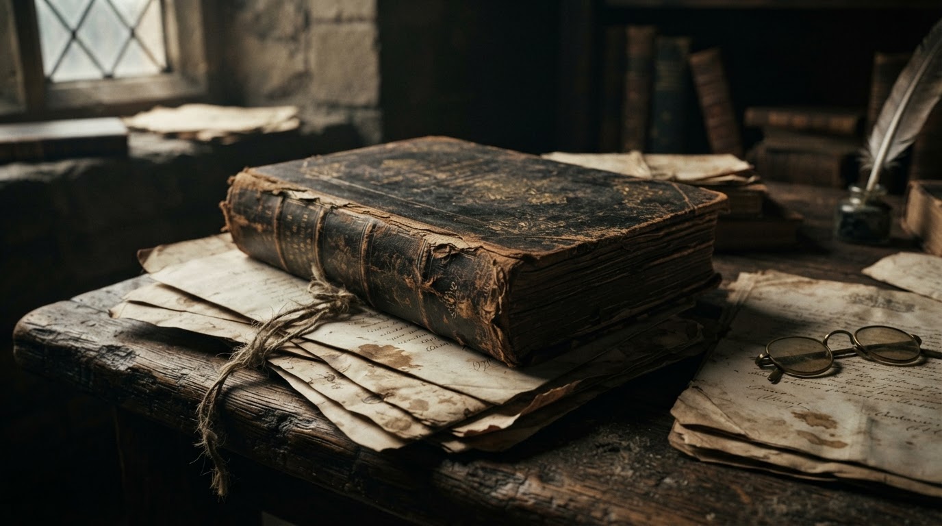 A still life of an old law book and documents bearing the marks of time, symbolizing the passage of years, moody cinematic light (AI-generated image)