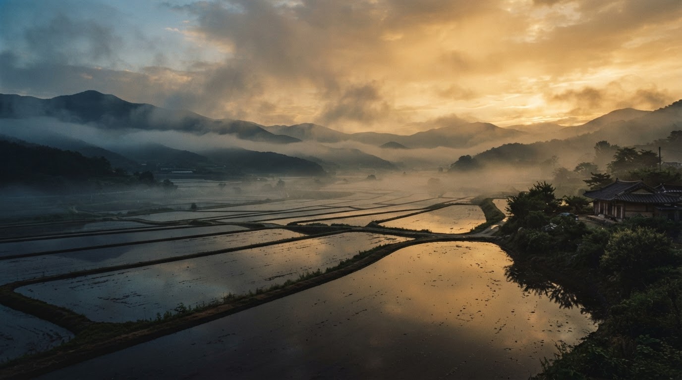 At dusk, the fog lifting over the wide rice paddies of Hwaseong, cinematic golden light, film-still atmosphere (AI-generated image)