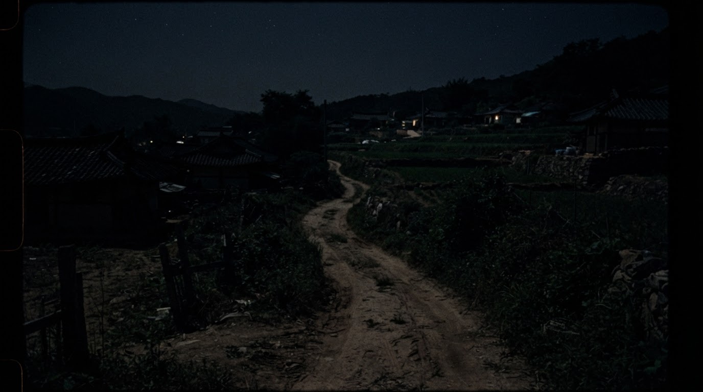 Unlit country road in a 1980s Korean farming village at night, no streetlamps, dark dirt path, cinematic moody tone (AI-generated image)