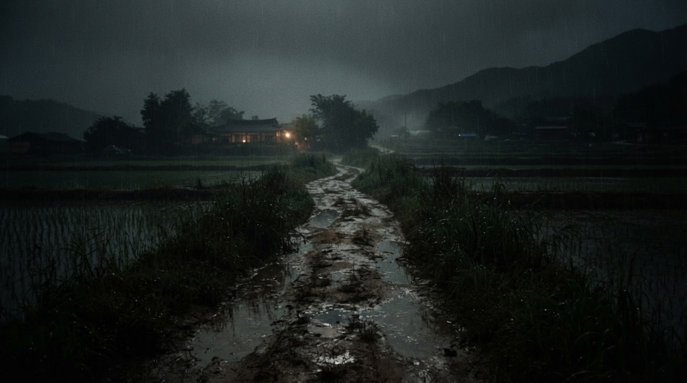 A rainy night on a deserted rural paddy path with puddles, film-still atmosphere reminiscent of Memories of Murder cinematography, no legible text, no identifiable person (AI-generated image)
