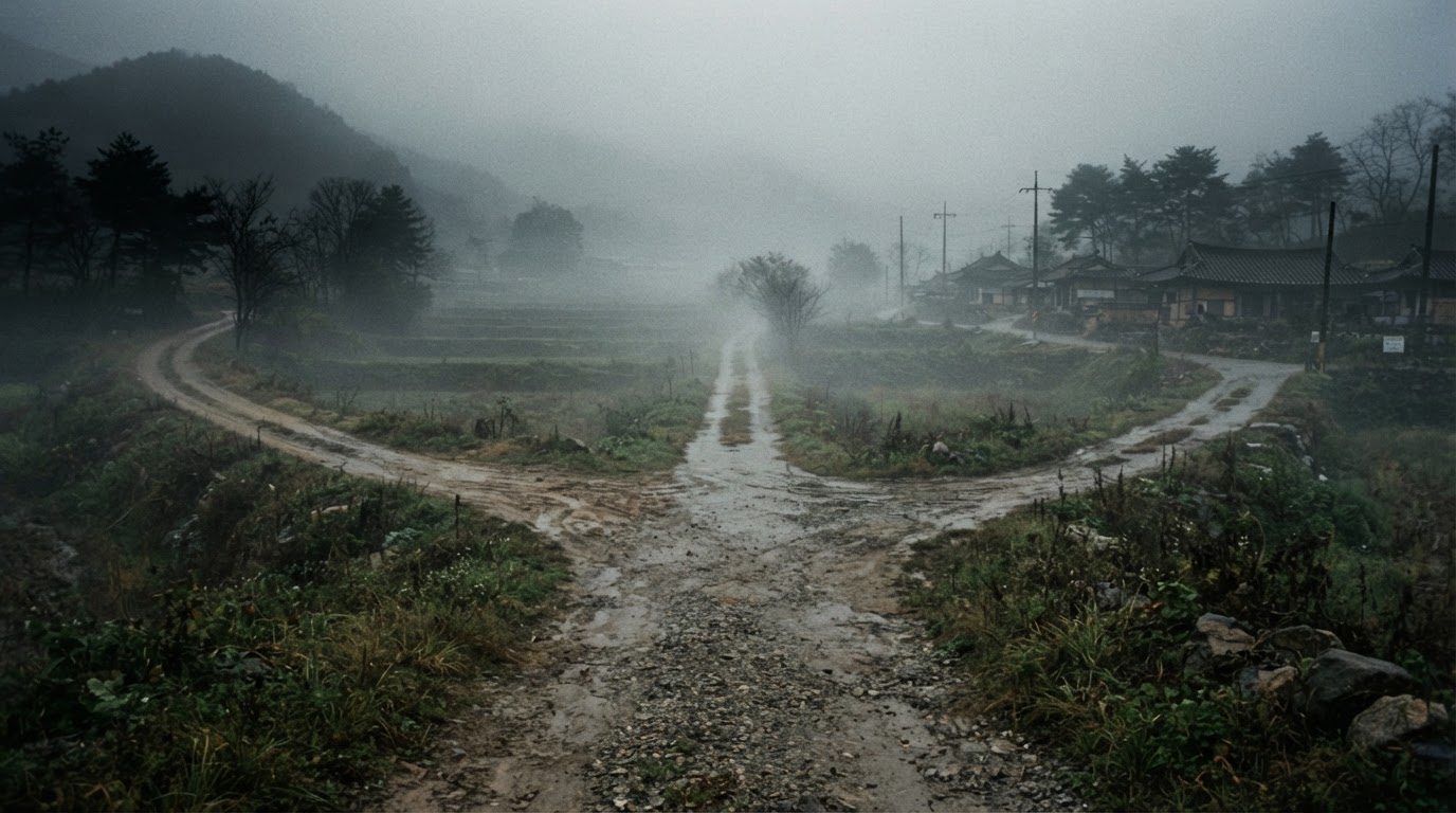 A foggy country road splitting into several paths, none leading anywhere clear, hazy moody landscape, cinematic film-still tone (AI-generated image)