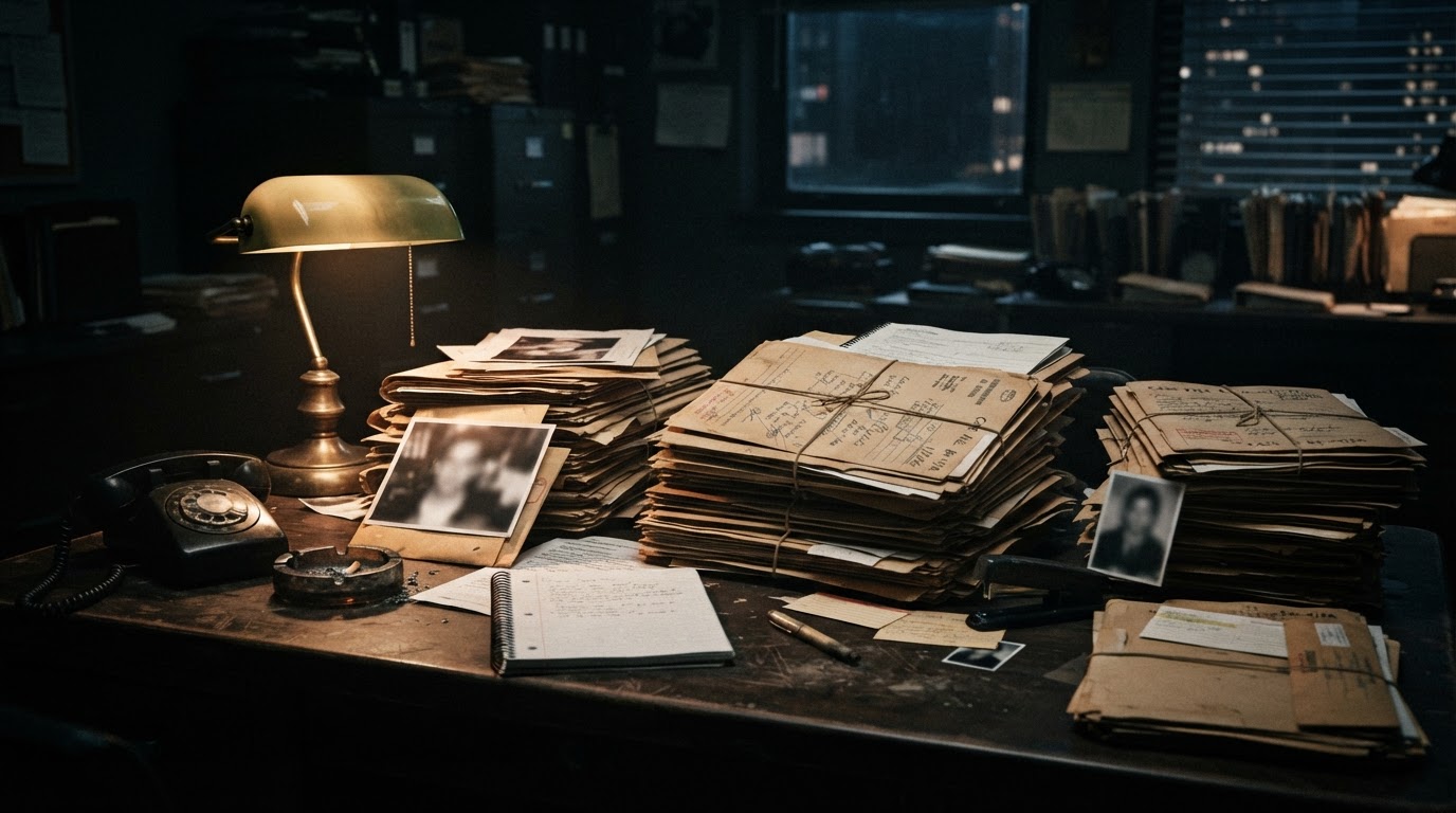 A dark desk piled with 1980s-style investigation files and paperwork, dim lamplight, moody cinematic atmosphere, no legible text (AI-generated image)