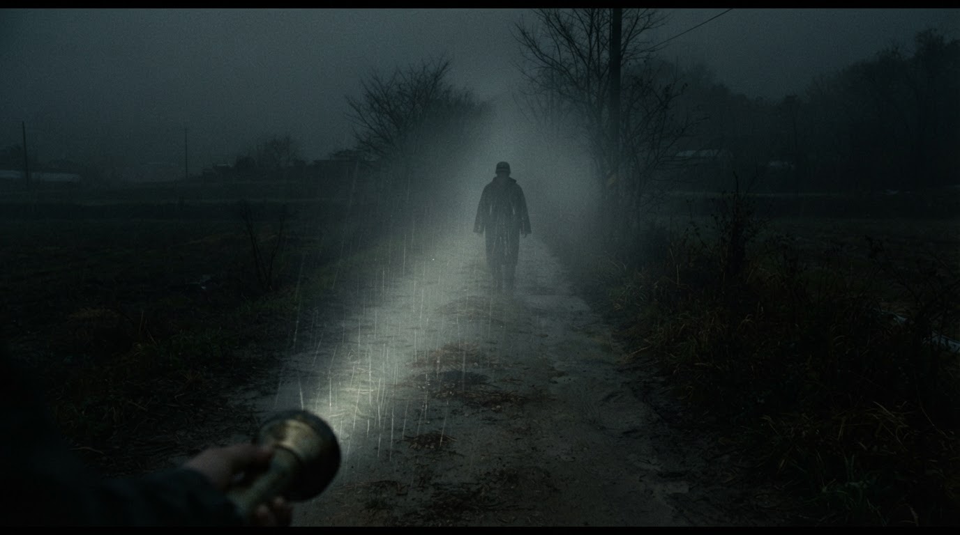 Beam of an old flashlight cutting through fog on a rainy night country road, a silhouette in the mist, face not visible, cinematic Memories of Murder mood (AI-generated image)