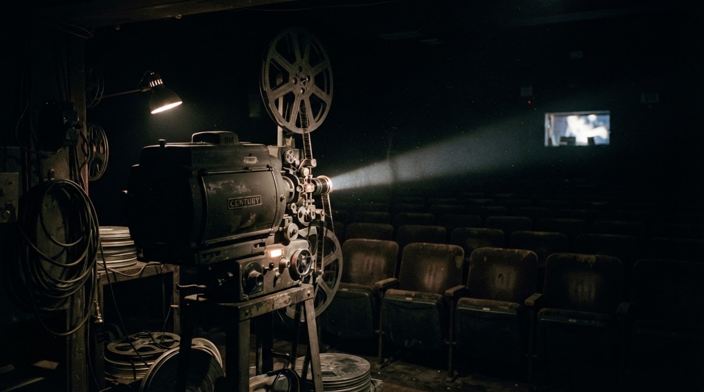 An old film projector and rows of empty theater seats in a dark room, moody cinematic atmosphere (AI-generated image)