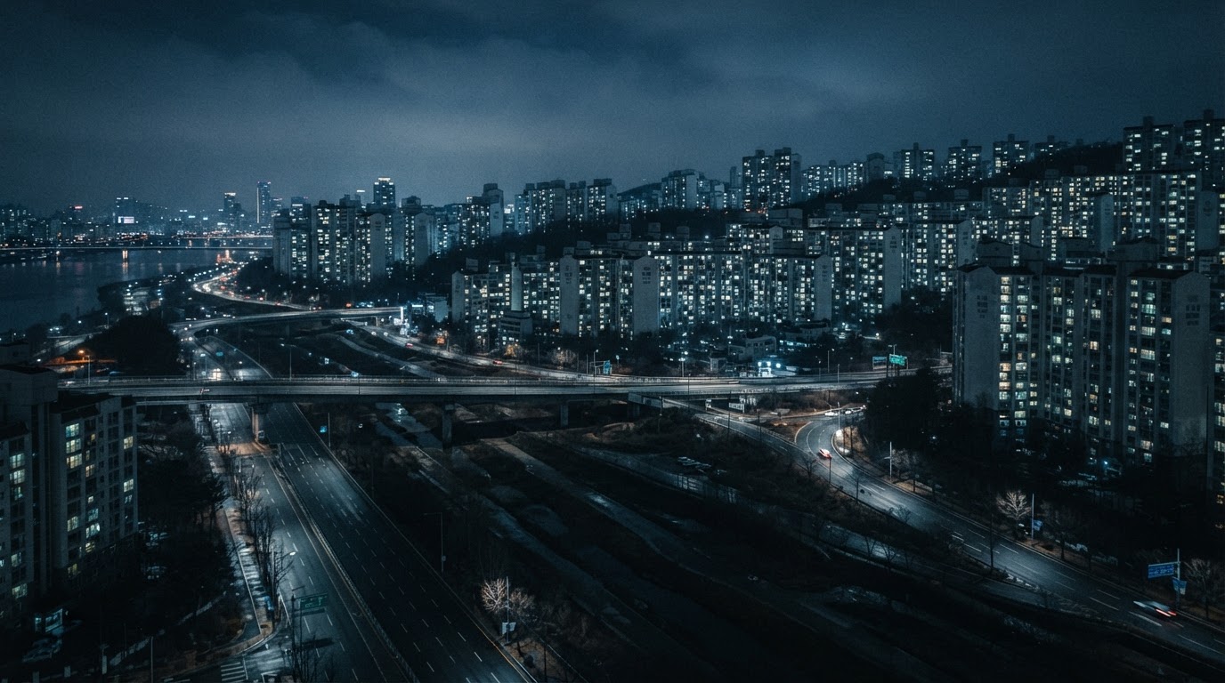夜のソウルの街並み、明かりの灯ったマンション群と暗く沈んだ通り(AI生成画像)