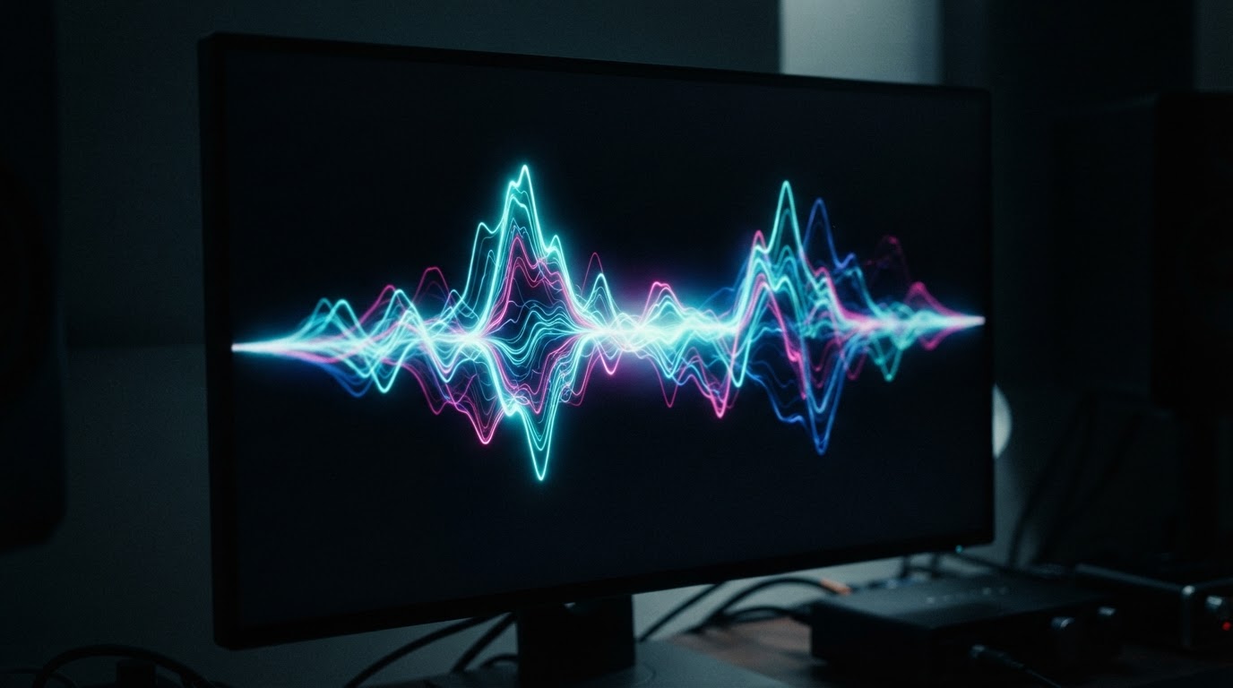音声の波形を表す抽象的なグラフィック、暗い画面上の音のグラフ(判読可能な文字なし、AI生成画像)
