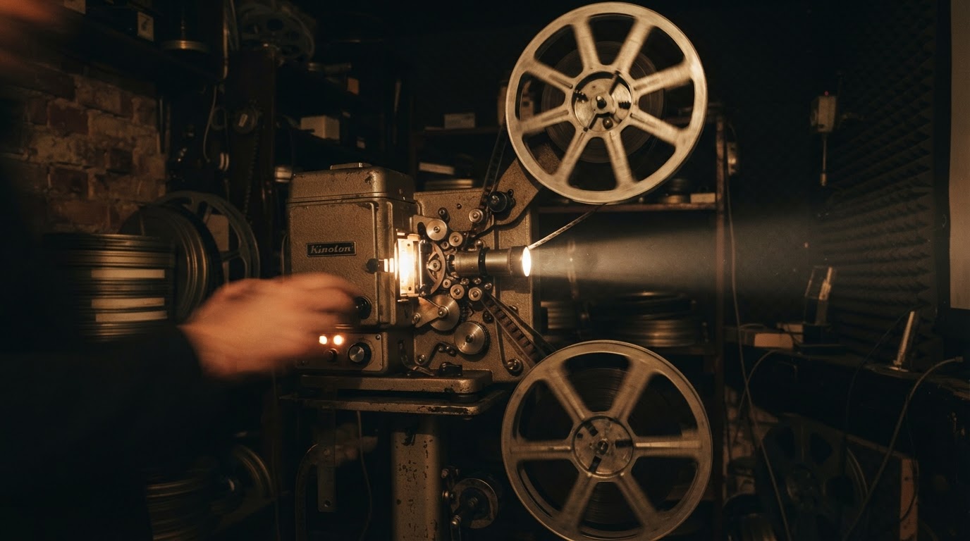 古い映写機のリールが回る、暗い映写室の風景(AI生成画像)