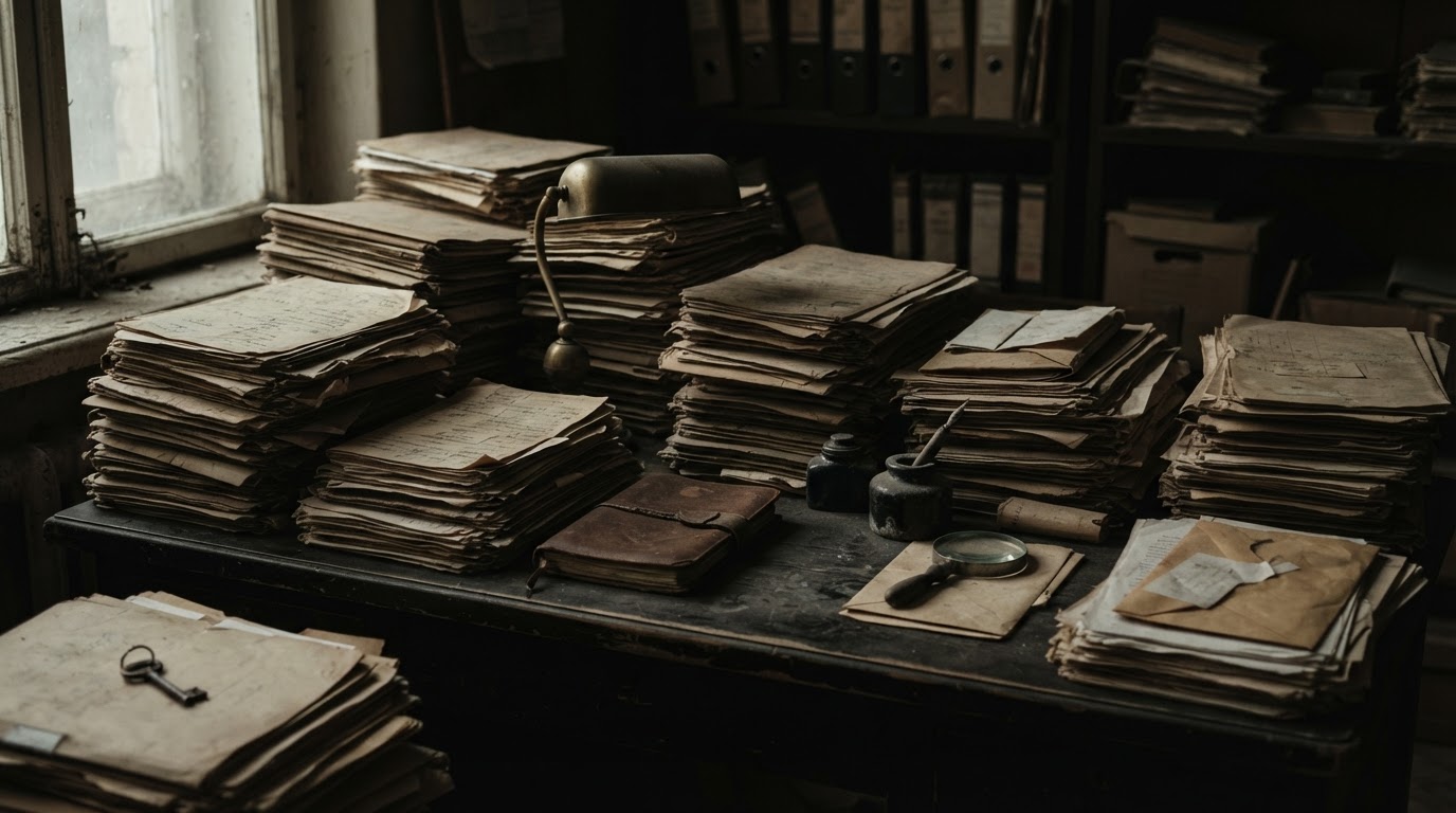 古い事件書類と色あせたファイルが積まれた暗い机(判読可能な文字なし、AI生成画像)