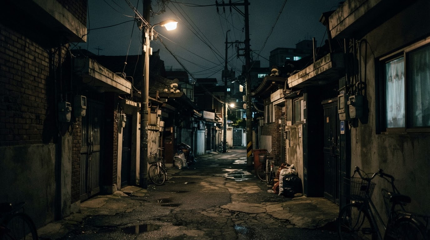 夜の1990年代ソウルの住宅街の路地、薄暗い街灯の下の人けのない通り(AI生成画像)
