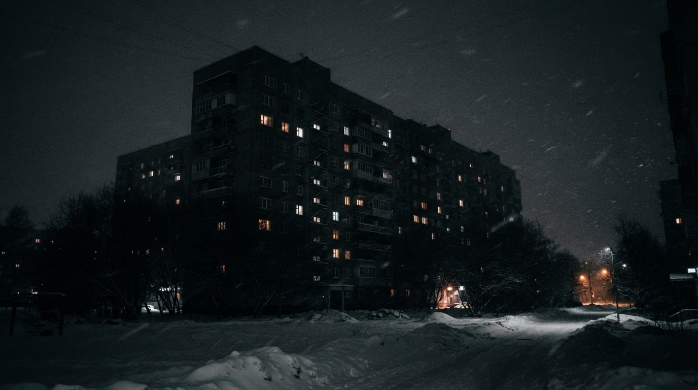 雪の舞う冬の夜、都市のマンション団地のシルエット(AI生成画像)