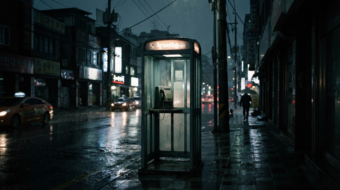 夜の街に一つだけ立つ古い公衆電話ボックス、ぼんやりとした街灯の光(AI生成画像)