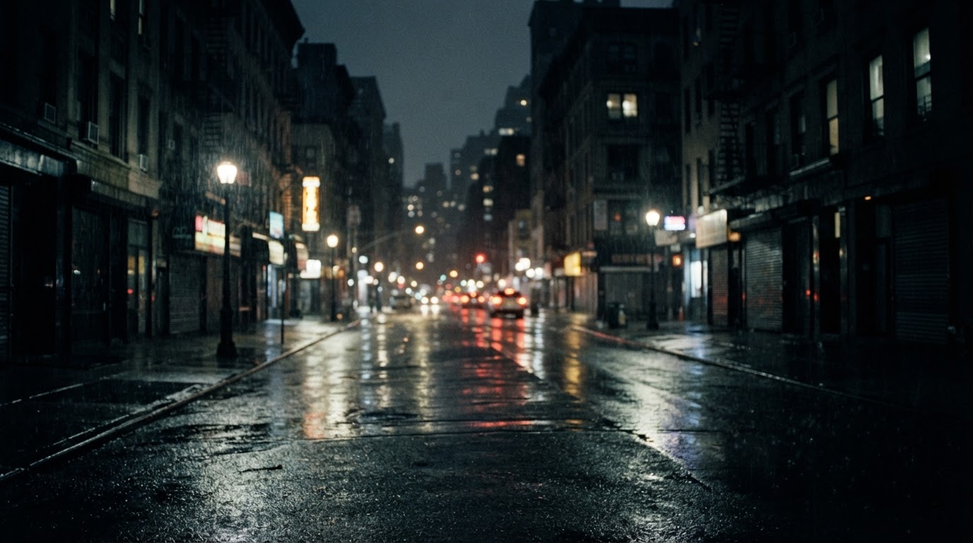 雨の夜の都市、濡れたアスファルトににじむ光、人けのない通り(AI生成画像)