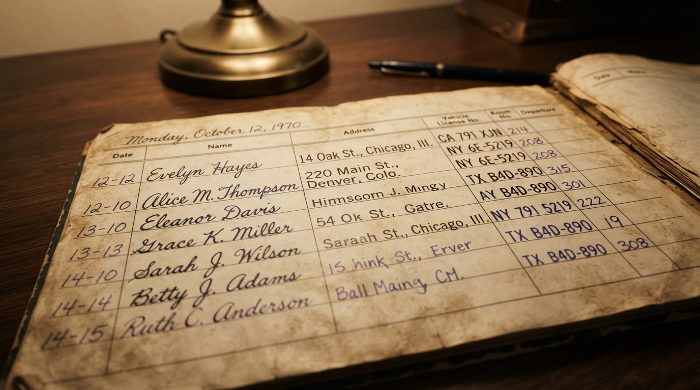 古いホテルの宿泊者名簿に、それぞれ異なる筆跡で記された複数の偽名(AI生成画像)