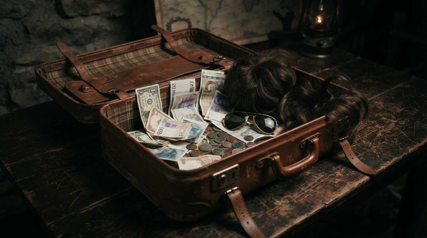 複数の国の紙幣や硬貨、色付き眼鏡、かつらが収められた古いスーツケース(AI生成画像)