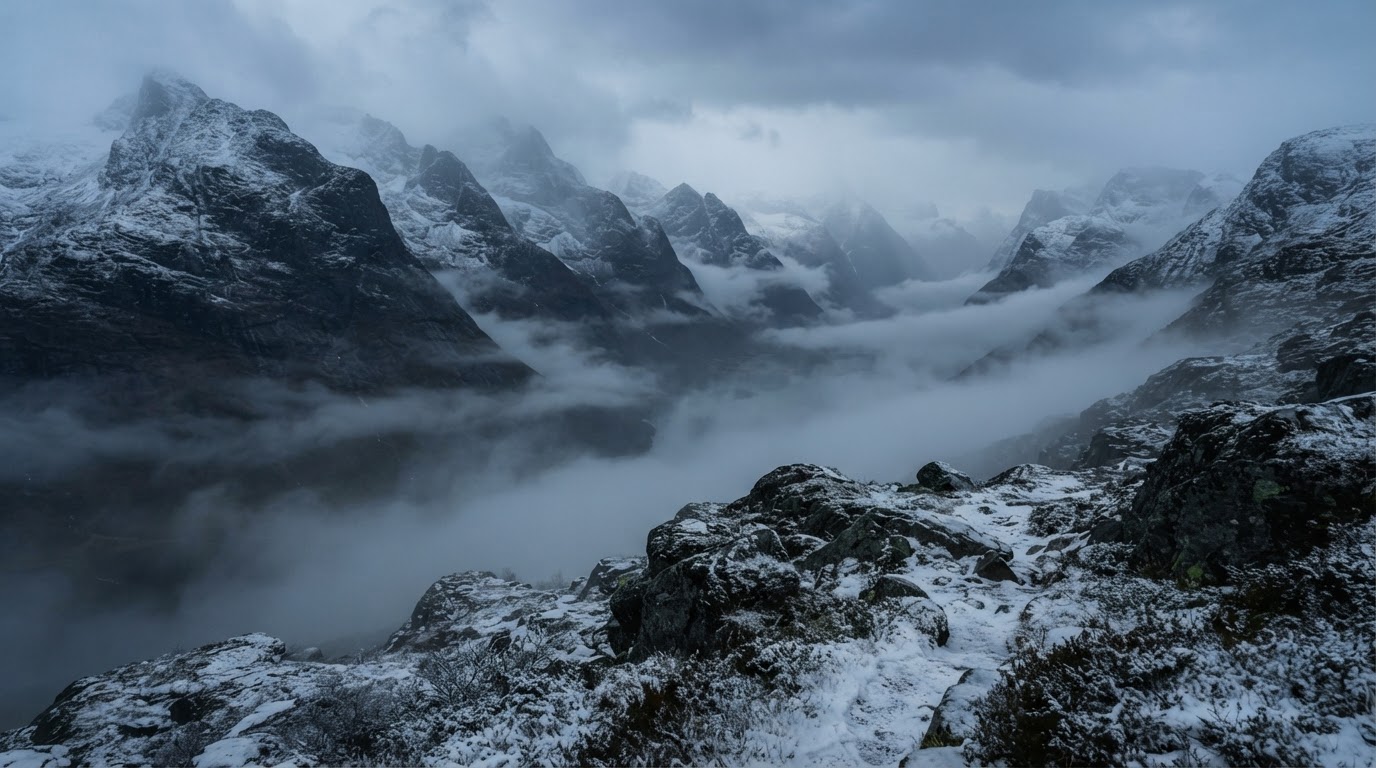 霧に沈むノルウェーの冬の山々と谷(AI生成画像)