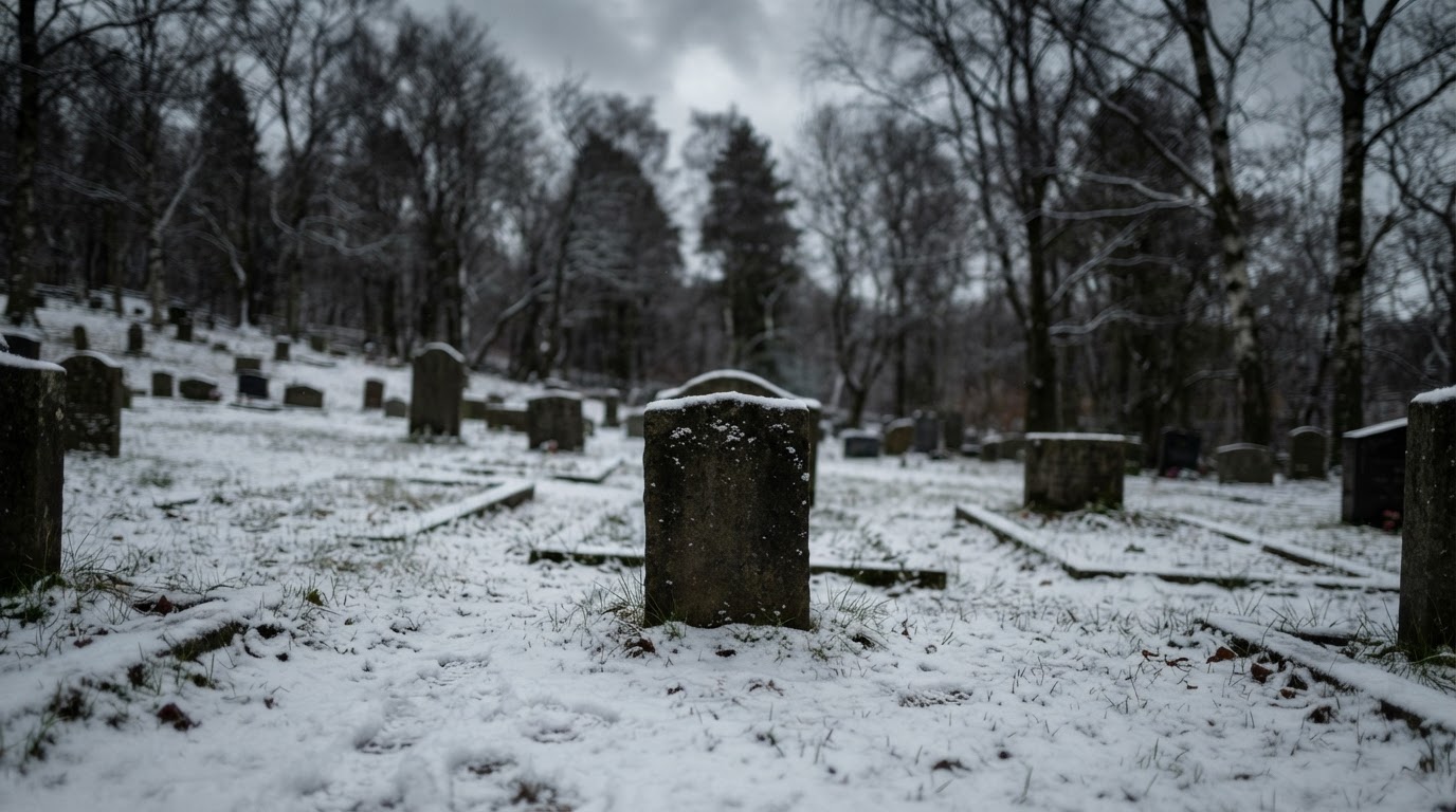 ベルゲンの墓地に名もなく置かれた、雪に覆われた墓標(AI生成画像)