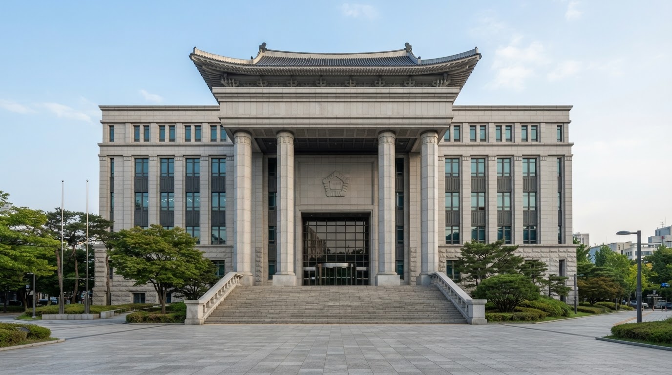 법원 건물의 웅장한 외관, 정의를 상징하는 정면 (AI 생성 이미지)