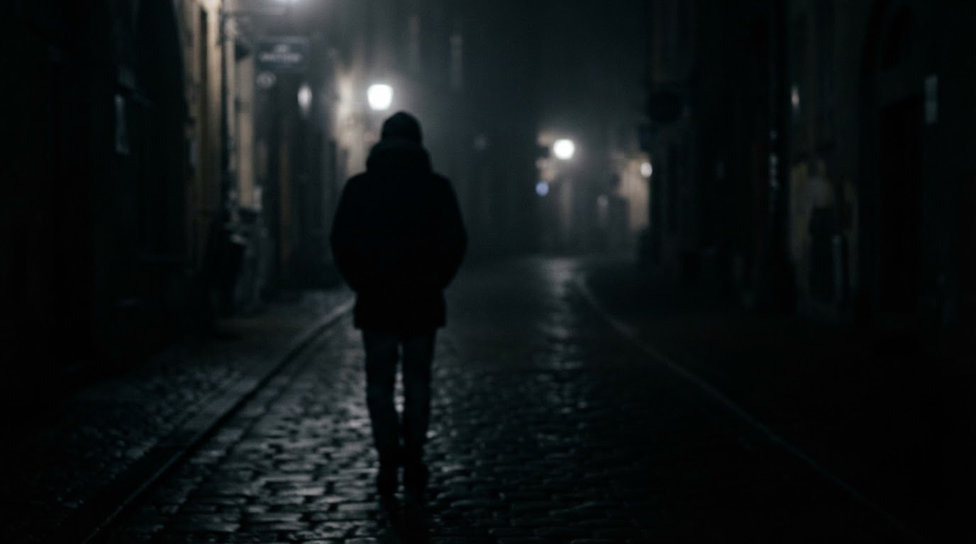 흐릿한 뒷모습 실루엣, 어두운 배경 속으로 멀어지는 사람의 그림자 (얼굴 식별 불가, AI 생성 이미지)