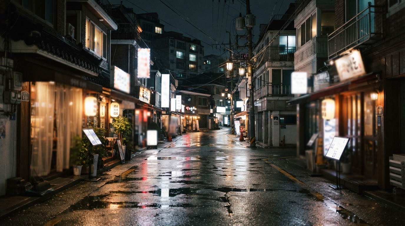 도심 극장 앞 밤거리, 불 켜진 간판과 어두운 인도 (글자 없는 간판, AI 생성 이미지)