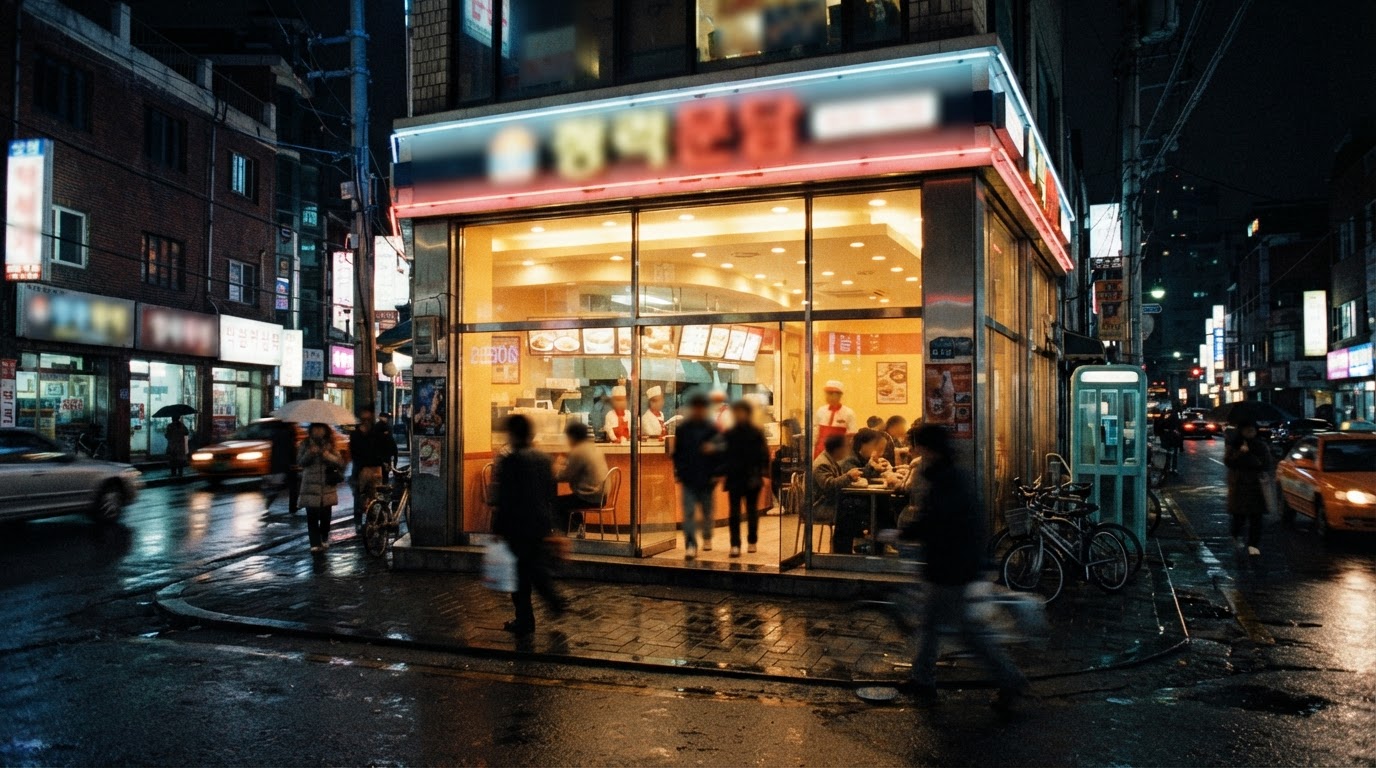 밤이 내린 도심 패스트푸드점의 밝은 외관, 유리창 너머 새어 나오는 불빛 (AI 생성 이미지)