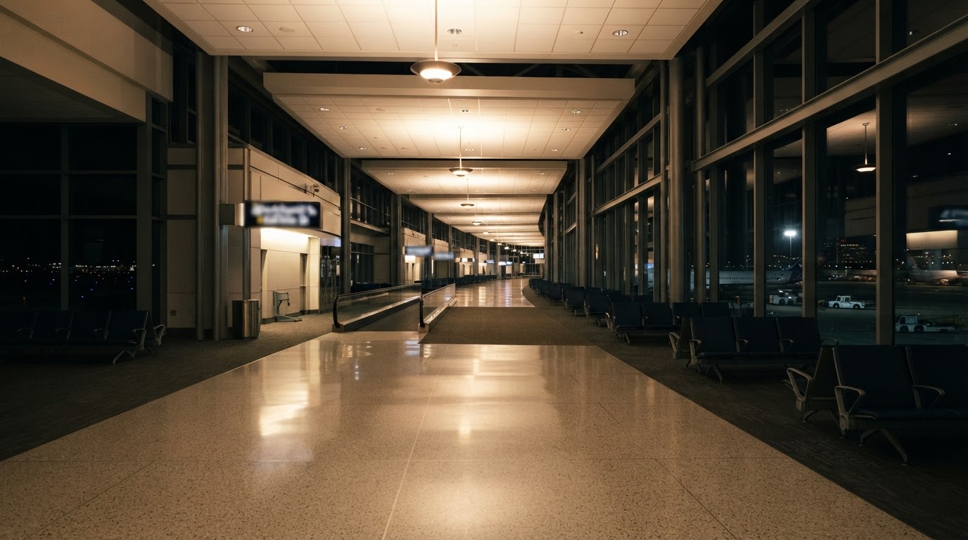 밤의 공항 출국장, 불 켜진 넓은 통로와 멀어지는 빈 게이트 (도피를 상징, AI 생성 이미지)
