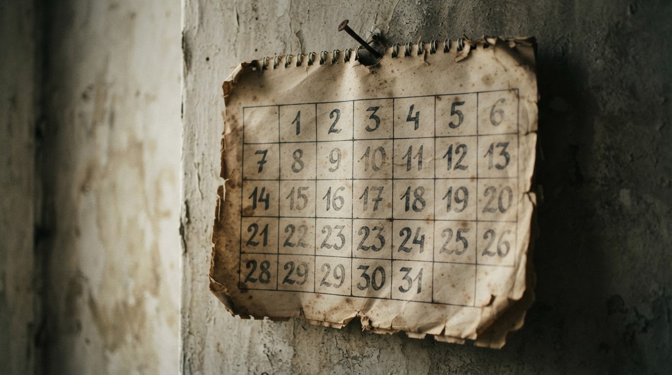 숫자와 날짜가 흐릿하게 지워진 오래된 달력, 세월의 흐름을 담은 벽 (판독 가능한 텍스트 없음, AI 생성 이미지)