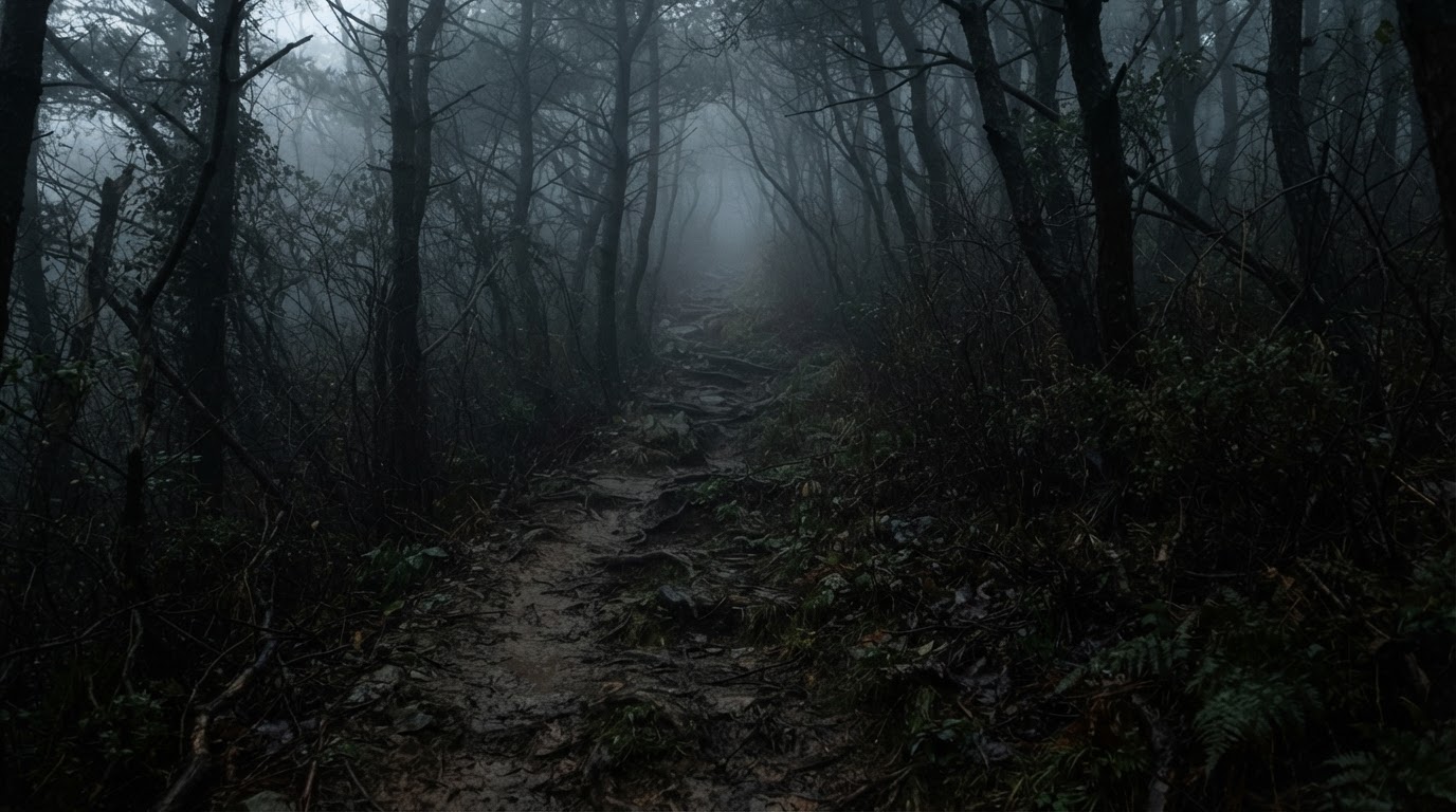 해질 무렵, 어두운 숲으로 굽이쳐 오르는 안개 낀 흙길 — 그 산에서 길을 잃은 이들이 마지막으로 걸었을 오르막.