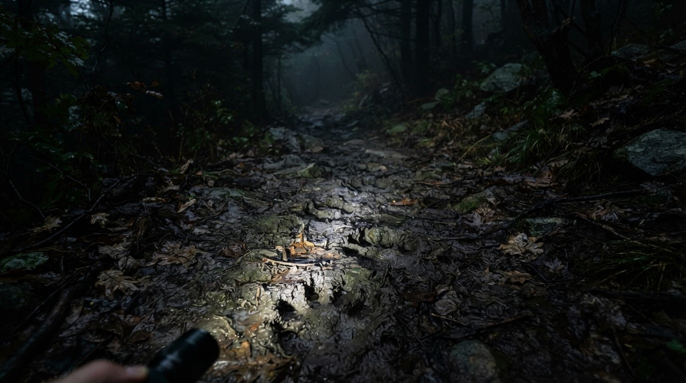 밤길의 젖은 진흙에 깊이 찍힌, 정체를 알 수 없는 커다란 짐승의 발자국 — 손전등 불빛이 그것을 훑는다.