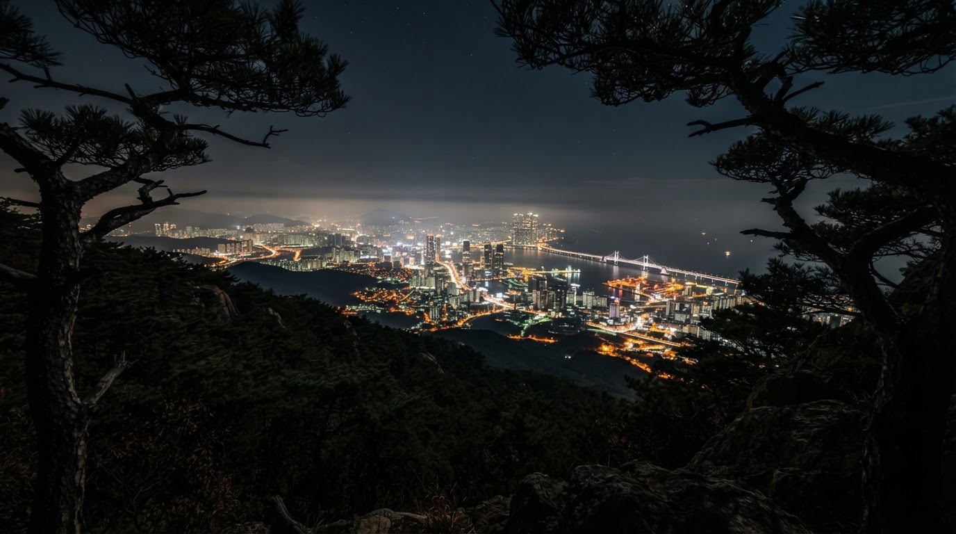 장산의 어두운 능선에서 내려다본 부산의 도시와 항구 불빛, 그 앞을 검은 소나무들이 가로막고 선다 — 도시와 야생이 맞닿는 자리.