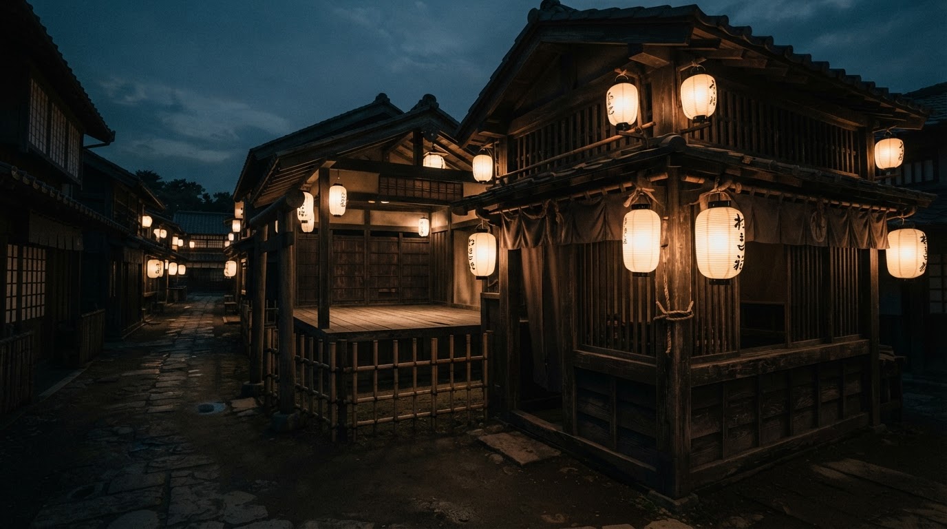夕暮れ、紙提灯に照らされた路地と木造の天幕の外観、江戸風の建築、無人の舞台、人影なし(AI生成画像)