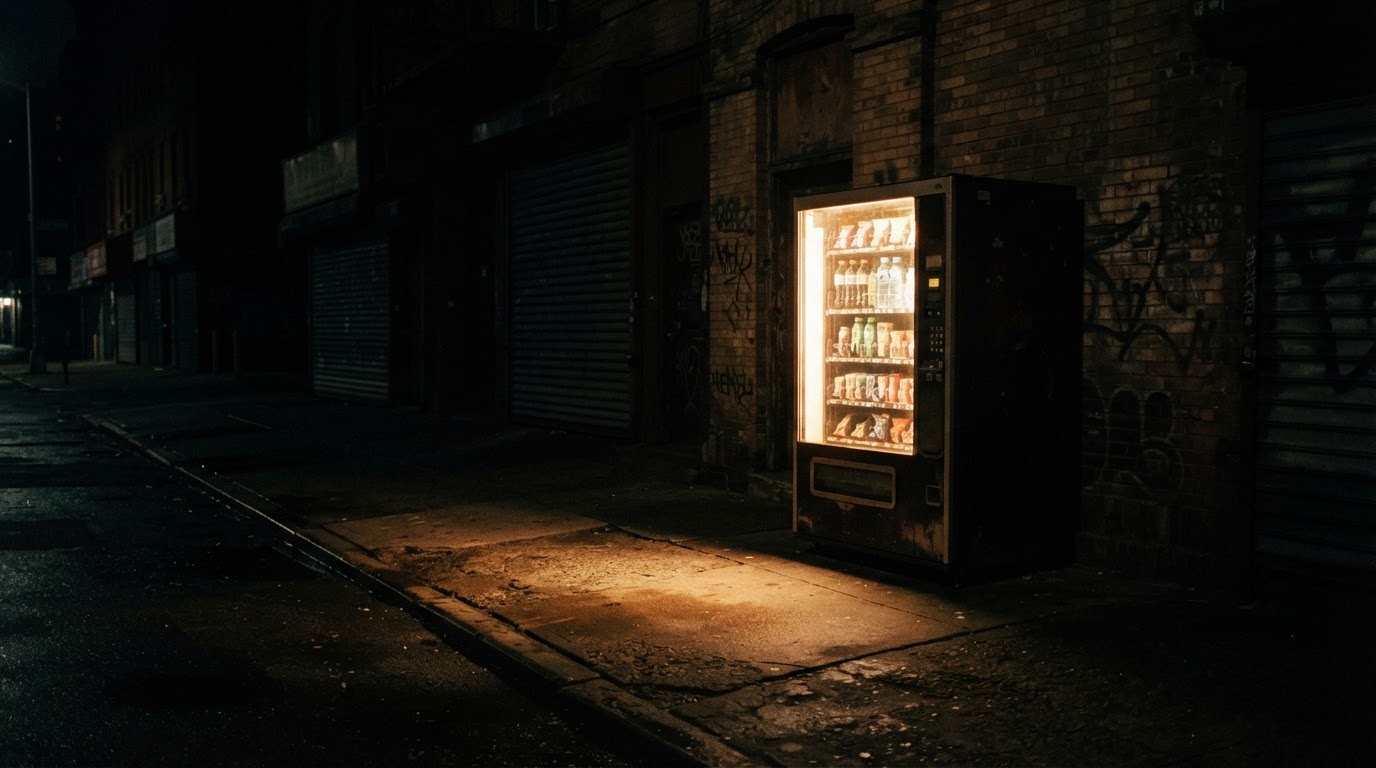 人影のない夜の通りで、ただひとつ光る自動販売機、その光が地面にたまり、人はいない(AI生成画像)