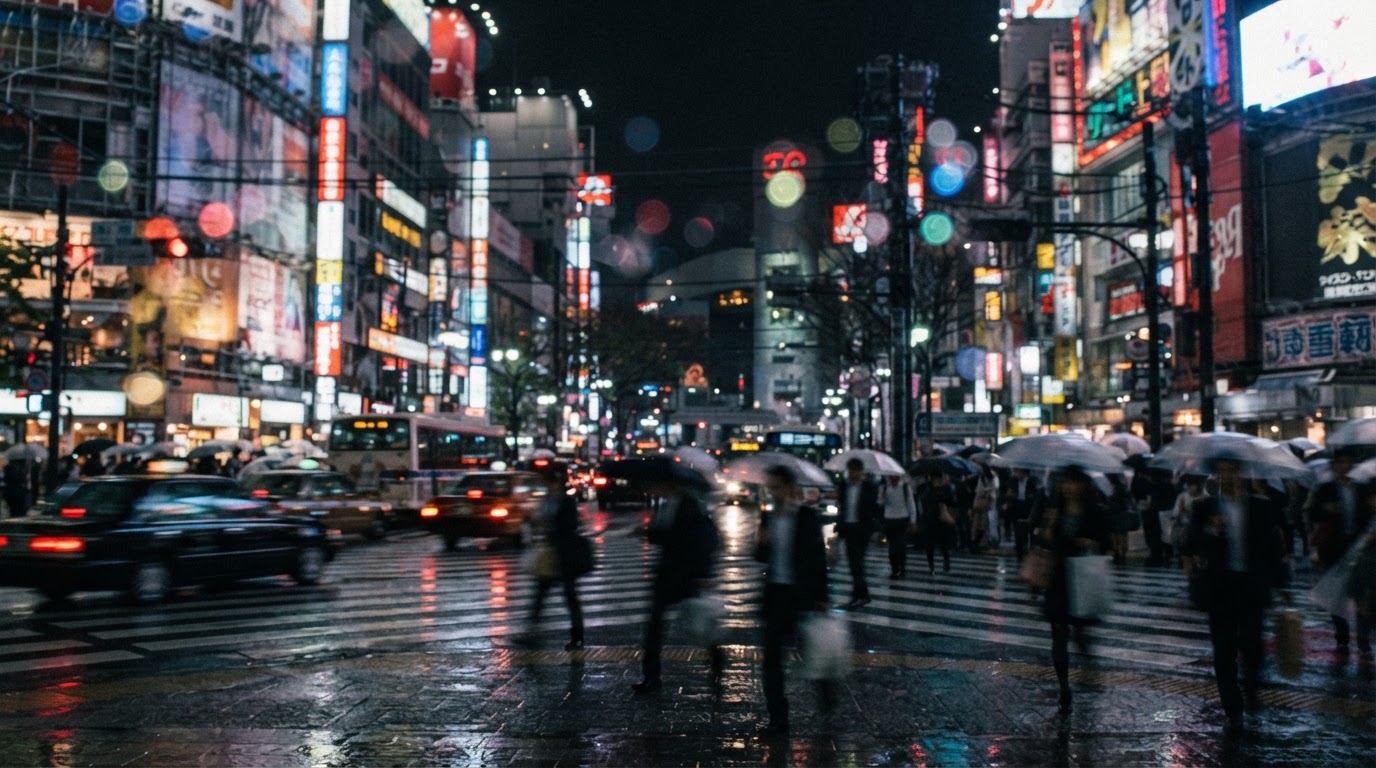 夜、渋谷の交差点の上でにじむネオン看板を低い角度から見た様子、色とりどりの光の筋、読める文字なし、顔なし(AI生成画像)