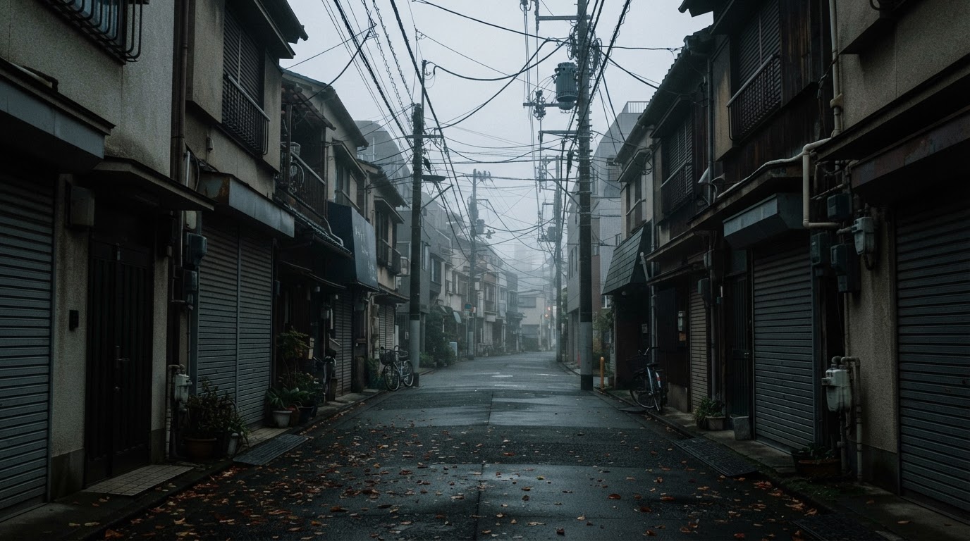 明け方の静かな東京の住宅街の通り、閉ざされたシャッターと電線、灰色の早い光、人影はない(AI生成画像)