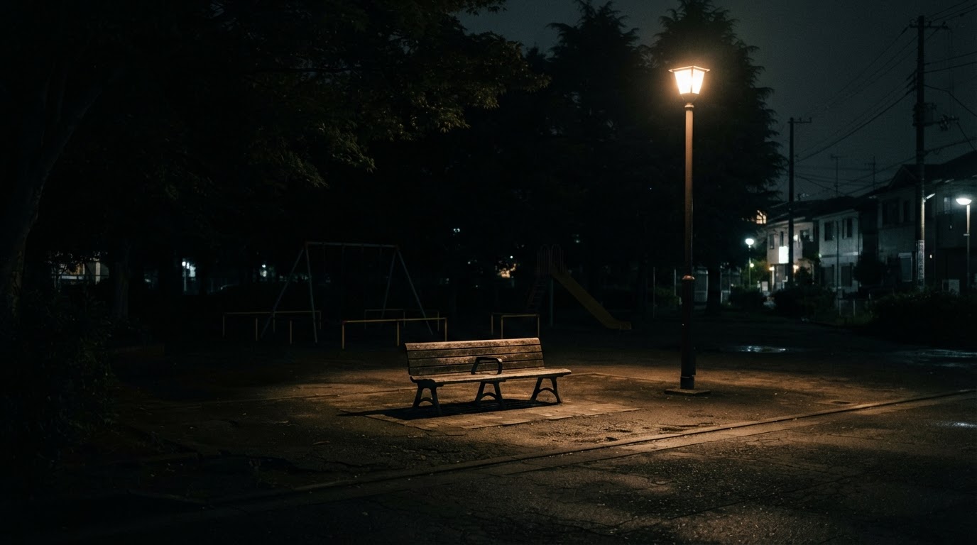 夜、灯りひとつの下に置かれた公園のベンチひとつ、まわりの闇のなかの小さな光の輪、無人(AI生成画像)
