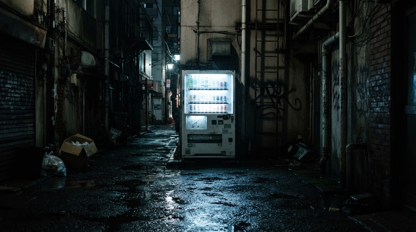 暗い路地の壁ぎわで冷たく四角に灯る自動販売機、その光が湿った舗道に淡くたまる、無人の通り(AI生成画像)