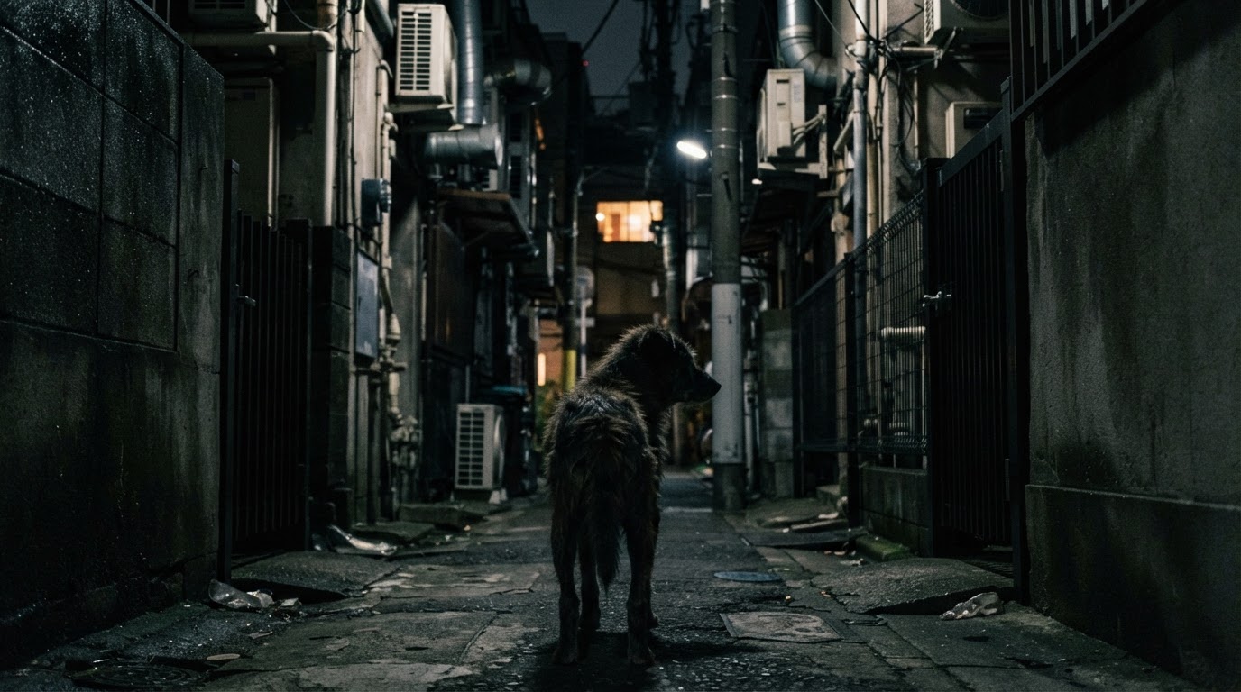 暗い路地で後ろから見た痩せた犬、背中と肩だけが見え、頭は影の中へ背けられている(AI生成画像)