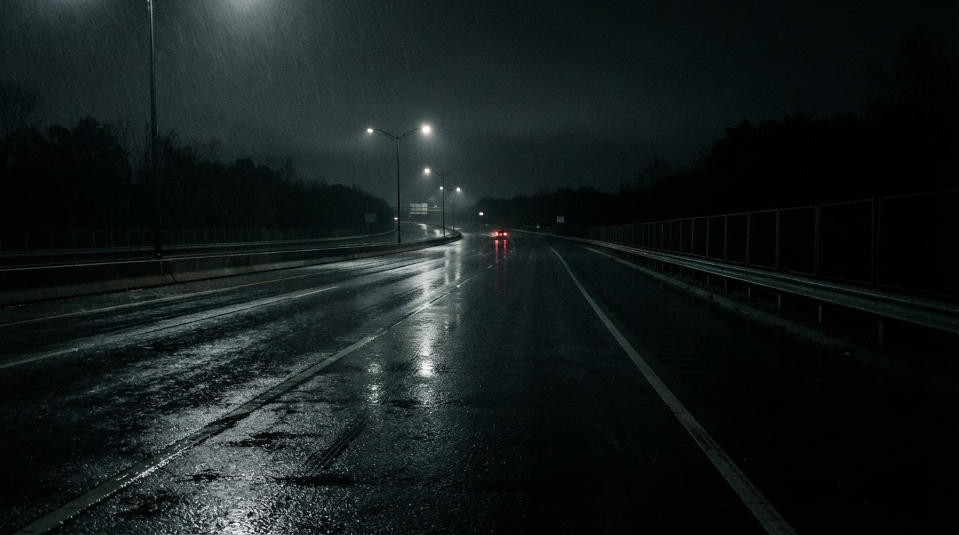 闇へと伸びる無人の真夜中の高速道路、はるか前方で赤いテールランプが遠ざかり、ほかに車はない(AI生成画像)