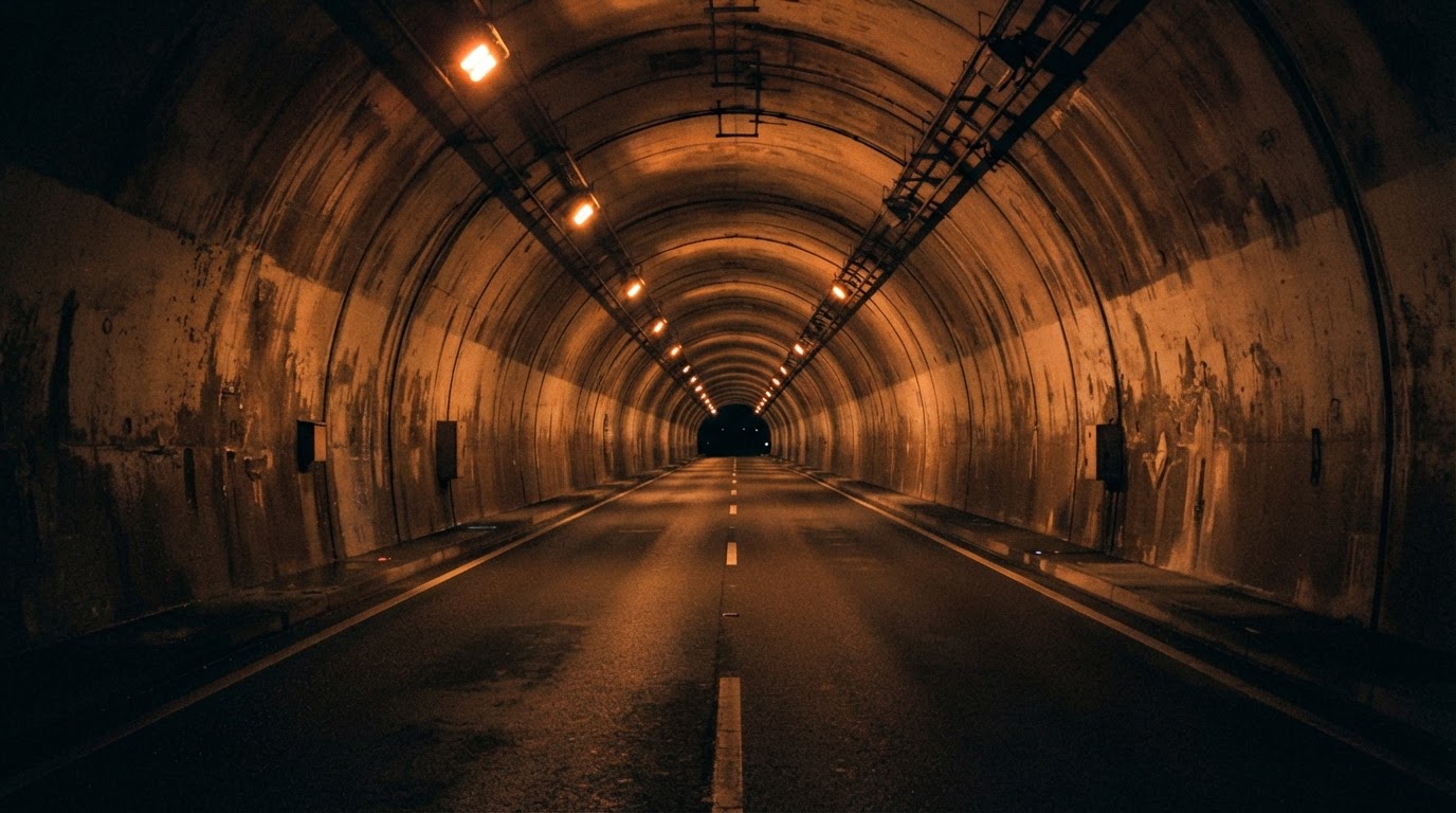 夜の長く無人の高速道路トンネル、橙色のナトリウム灯がはるか一点へと遠ざかり、車両はない(AI生成画像)